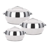 MILTON Fiesta Jr. Casserole Set of 3 (450ml, 830ml, 1370ml) | Inner Stainless Steel | BPA-Free, Food Grade | Keeps Food Hot & Cold | Dishwasher Safe | White | Ideal for Serving