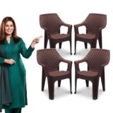 MAHARAJA Plastic Chair Set, Chair for Living Room, Home, Plastic Chair for Home with Arm Rest/Modern Stylish Design with Glossy & Matte Finish Bearing Capacity 200Kg. (Brown, Pack of 4)