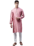 Jompers Men’s Collar Embroidered Silk Jacquard Kurta Pyjama Set (Pink, M)