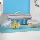 Larah Glassware Vogue Borosilicate Glass Lunchbox with Bag | 2pc Square Container (320ml Each), Horizontal | Microwave & Dishwasher Safe, Leakproof | Tiffin for Office, School, College | Blue