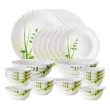 Larah by Borosil Green Herbs Opalware Dinner Set, 28 Pcs, White