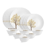 Cello Opalware Dazzle Series ‘Tree of Life’ 18 Piece Dinner Set | Opal Glass Crockery for 6 | Bone Ash-Free |Lightweight, Elegant White Plate & Bowl Set |Opal Glass Dinner Set for Daily Use & Gifting
