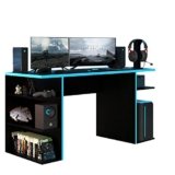 Madesa Large Modern Gaming Computer Desk 53 Inch with 5 Shelves Cable Management Student Study Wooden Table Home Office Gamer Desk for Kids and Adults – Black/Blue