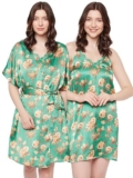 Clovia Women’s Satin Printed Short Night Dress & Robe (NS1502P17_Green_L)