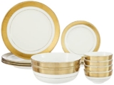 Amazon Brand – Solimo Ceramic 14 Piece Premium Dinner Set | 4 Dinner Plates, 4 Quarter Plates, 2 Large Bowls & 4 Small Bowls | Golden Strip – Floral