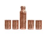 Signoraware Copper Bottle with 4 Glasses (900 Ml Bottle + 4 Glass 275 Ml) (Hammered), Set of 5