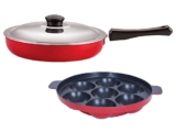 Nirlon Non-Stick Kitchen Cooking Utensil Item Set of 2 Pieces Including Fry Pan-3.2 LTR & Appam-7 Cavity (Color-Red)