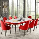 The Homeartz 8-Seater Modern Wooden Dining Table Set | 2 Year Warranty | Created Italian Statuario Marble Top | Elegant Composite Marble Table with 8 Chairs (Maroon)