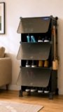 BOXJOY 6 Shelf Black Shoe Rack with 3 Doors, 5 Hook Steel Holder & Wooden Hammer Home Storage PP Plastic Organizer with Metal Door Frame and Foots for Chappal Slipper Sandals Shoes Box Stand