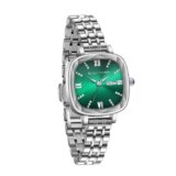 Giordano Elegant Square Watch for Women – Crystal & Roman Hour Markers, Day-Date Display, Stainless Steel Strap