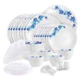 Cello Opalware Dazzle Series Blue Swirl Dinner Set, 49Pcs | Opal Glass Dinner Set for 8 | Light-Weight, Daily Use Crockery Set for Dining | White Plate and Bowl Set