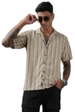 SWADESI STUFF Men’s Geometric Print Regular Fit Polycotton Shirt | Stylish Half Sleeve Casual Shirt for Men (in, Alpha, S, Regular, Brown)