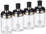 Amazon Brand – Solimo Borosilicate Glass Sauce Jar with Dipper, Set of 4 (250 Ml Each),Black