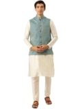 SOJANYA (Since 1958 Men’s Silk Blend Off White Kurta Pyjama & PeacockBlue Self Design Nehru Jacket Combo