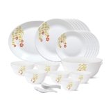 Larah by Borosil – Tiara Series, Pebbles, 33 Pcs, Opalware Dinner Set, White
