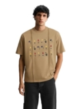 The Indian Garage Co Men Relaxed Fit Half Sleeves Embroidered Crew Neck T-Shirt (Beige_L)