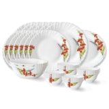 Larah by Borosil Red Iris Fluted Series Opalware Dinner Set | 27 Pieces for Family of 6 | Microwave & Dishwasher Safe | Bone-Ash Free | Crockery Set for Dining & Gifting | Plates & Bowls | White