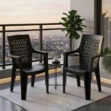 Nilkamal Elevate Plastic Chair with Arm | Set of 2 | Stackable Chair | for Living Room, Bed Room, Kitchen, Balconies, Outdoor | Iron Black