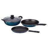 Amazon Brand – Solimo Aluminium – 3 Pcs Non Stick Cookware Sets, Tawa 25 Cm, Kadhai 24 Cm with Glass Lid, Fry Pan 24 Cm (Peacock Green)|Induction and Gas Stove Compatible