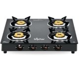 Surya Flame 4 Burner Glass Top Gas Stove | Manual Ignition | Scratch Resistant Toughened Glass | Tri-pin Brass Burners | Ergonomic Knobs | Skid-proof Legs | 2 Year Warranty | Black