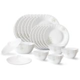 Larah by Borosil Ingot Fluted Series Opalware Dinner Set | 28 Pieces for Family of 6 | Microwave & Dishwasher Safe | Bone-Ash Free | Crockery Set for Dining & Gifting | Plates & Bowls | White