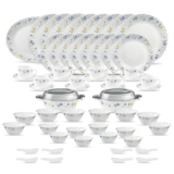 La Opala Diva Classique Collection Opal Glass Crockery | for Family of 8 | Dinner Set 61 pcs Twilight Bouquet | Plates & Bowls for Dining | Microwave Safe | 100% Vegetarian | Extra Strong | White