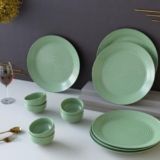 The Earth Store Spiral Green Set of 12 Piece Ceramic Dinner Set, 6 Full Dinner Plates, 6 Vegetable Bowls | Microwave & Dishwasher Safe | Ceramic Plate | Katori