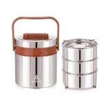 ATTRO Steel On 3 Insulated Tiffin Box 3 Stainless Steel Containers Easy Carry Handle, BPA-Free, Leakproof Office, School & Travel – Brown-900ml