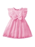 Niren Enterprise Baby Girl’s Solid Pattern Silicon Net Blend Frock Dress with Cap Sleeve Knee Length Round Neck and A-Line Style Pink