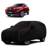 Sulfar 100% Water Resistant Car Body Cover Compatible with Mirror for Maruti Suzuki Fronx (Triple Stitched, Full Bottom Elastic, Black with Red Piping)
