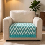 Saral Home VW Sofa Cover for 1 Seater Sofa | Cotton Chevron Zig-Zag Weave Couch Protector with Fringe Design | Soft, Breathable & Skid-Resistant Furniture Cover | Teal | 70 x 70 cm (1 Pc)