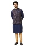 Manyavar Men’s Blended Viscose Self Design Full Sleeves Mandarin Collar Traditional Jacket Set (Blue,L)