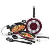 Milton Pro Cook Kitchen Pride Non-Stick Cookware Set of 5 | Includes Nonstick Tawa, Frying Pan, Kadhai with Lid, Nylon Laddle & Spatula | Non-Induction Base | Peach Color