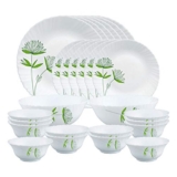 Larah by Borosil Green Lily Opalware Dinner Set, 28 Pcs, White