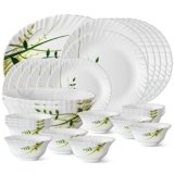 Larah by Borosil Fluted Series Green Herbs Opalware Dinner Set | 27 Piece for Family of 6 | Microwave & Dishwasher Safe | Bone-Ash Free | Crockery Set for Dining & Gifting | Plates & Bowls | White