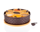 Spice Organizer Set with 7 Bowls and Spoons, Brown and Yellow, Basket Weave Design, Rotating Masala Box