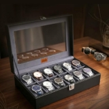 LEDO Men’s and Women’s Watch Box Holder Organizer Case In 12 Slots of watches In PU Leather with Black & Gray