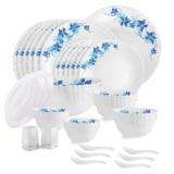 Cello Opalware Dazzle Series Blue Swirl Dinner Set, 37 Units | Opal Glass Dinner Set for 6 | Light-Weight, Daily Use Crockery Set for Dining | White Plate and Bowl Set