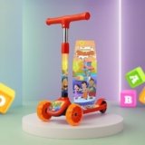 Kidsmate Chhota Bheem® Kick Scooter with Broad PVC Wheels | Non-Slip Wide Deck with Push Brake Kids Scooter for Age 3+ Yrs | 4-Level Height Adjustable | Max User Weight 50Kg – Red