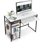 ABOUT SPACE Computer Table with 3 Tier Bottom Storage & Keyboard Tray – Modern Tabletop Office Desk for PC Laptop, Study, Writing, Gaming Open Bookshelf with Storage [L100 x B45 x H75 cm]White – Matte