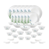 La Opala Opal Glass Crockery | for Family of 6 | Dinner Set 35 pcs Blue Florets | Plates & Bowls for Dining | Microwave Safe | 100% Vegetarian | Extra Strong | Extra Light & White