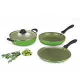 Alda Non Stick Cookware Set of 4 (Wok with Lid, Fry Pan, Crepe Pan) – Olive 3mm Induction Friendly, 1 Year Warranty