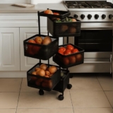 HomeGrits 5-Layer Revolving Square Storage Trolley – Black Metal Swinging Basket Rack with Wheels – Space-Saving Square Organizer for Kitchen, Bathroom, Office & Home Essentials