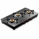 Butterfly Rapid 3 Burner Glass Top Gas Stove | Auto Ignition | Scratch Resistant Toughened Glass | Brass Burners | Skid-proof Legs | 1 Year Manufacturer’s Warranty | Black