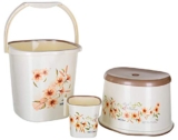 Nayasa Square Ring DLX Plastic Set of 3 (Bucket 18 L+Mug 1.5 L + Stool) Bathroom Utility Combo with Bucket, Bath Mug and Plastic Stool for Home, Bathroom and Daily Use, Cream
