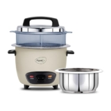 Pigeon Inox Pro Rice Cooker with Steamer, 1.8 litres | Stainless Steel Lid | 700 Watts | 1 Steel Cooking Pot | Measuring Cup | Spatula | Energy Efficient Cooking (Grey)