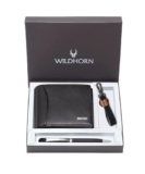 WildHorn Gift Hamper for Men I Leather Wallet, Keychain & Pen Combo Gift Set I Gift for Friend, Boyfriend,Husband,Father, Son etc (Black M)