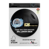 Haier 8 kg 5 Star Powered by AI-DBT with PuriSteam, 525mm Super Drum Fully Automatic Front Load Washing Machine (HW80-IM12929C, Inverter Motor with In-Built Heater, White)