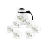 La Opala Novo Collection Opal Glass Crockery | Coffee Set 7 pcs | Coffee Mug with Coffee Pot, Lush Greens | for Tea & Coffee | Microwave Safe | 100% Vegetarian | Extra Strong | Light & White