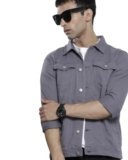 The Indian Garage Co Men Grey Slim Fit Solid Trucker Jacket